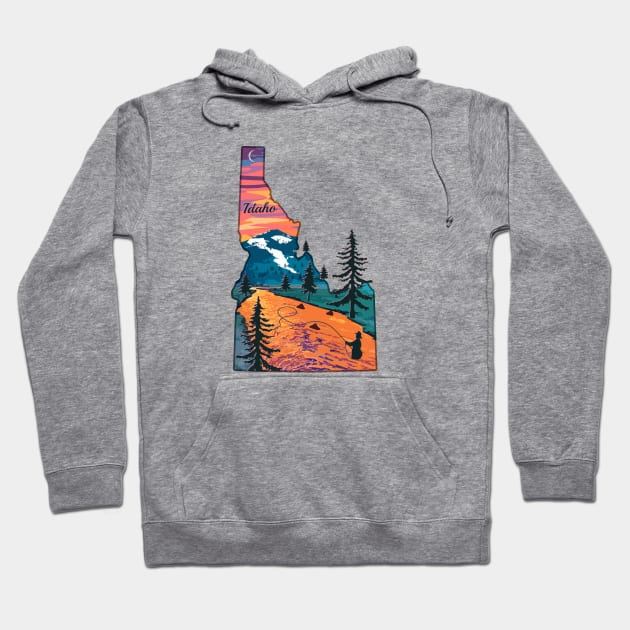 Fly Fishing Idaho State Map Mountain Sunset River Retro Hoodie by TeeCreations